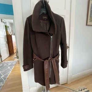 Cole Haan trench style wool coat with leather accents & dramatic collar